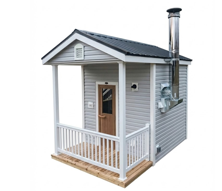 Gray outdoor custom sauna with a white porch on a white background and a chimney