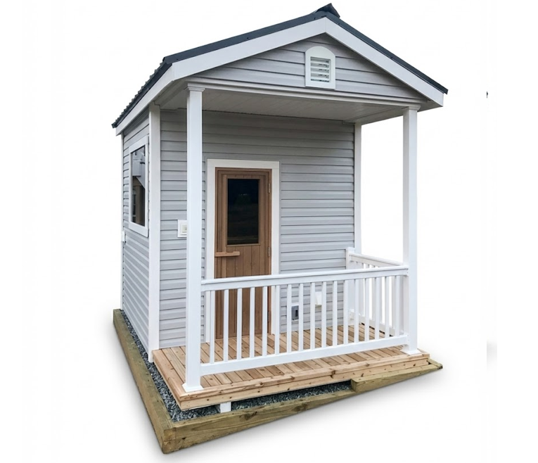 Outdoor sauna with a porch on a white background