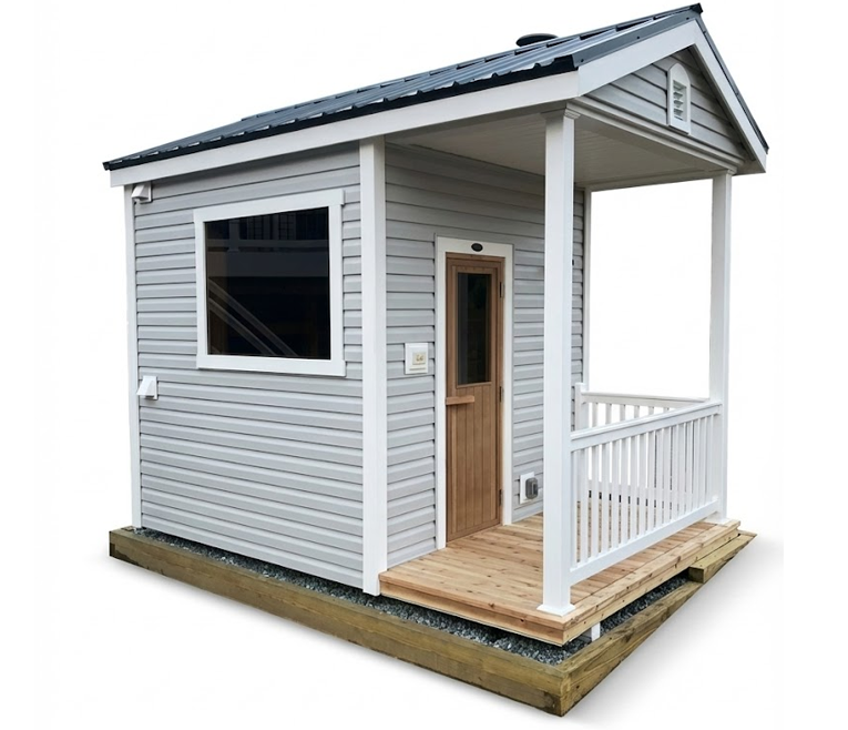 Outdoor custom sauna exterior and wooden deck on a white background