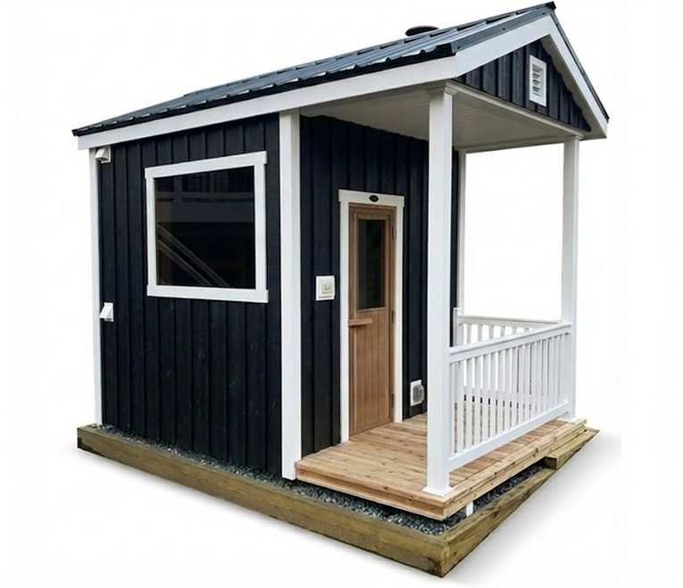 Black outdoor custom sauna with a white porch on a white background