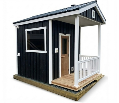 Black outdoor custom sauna with a white porch on a white background