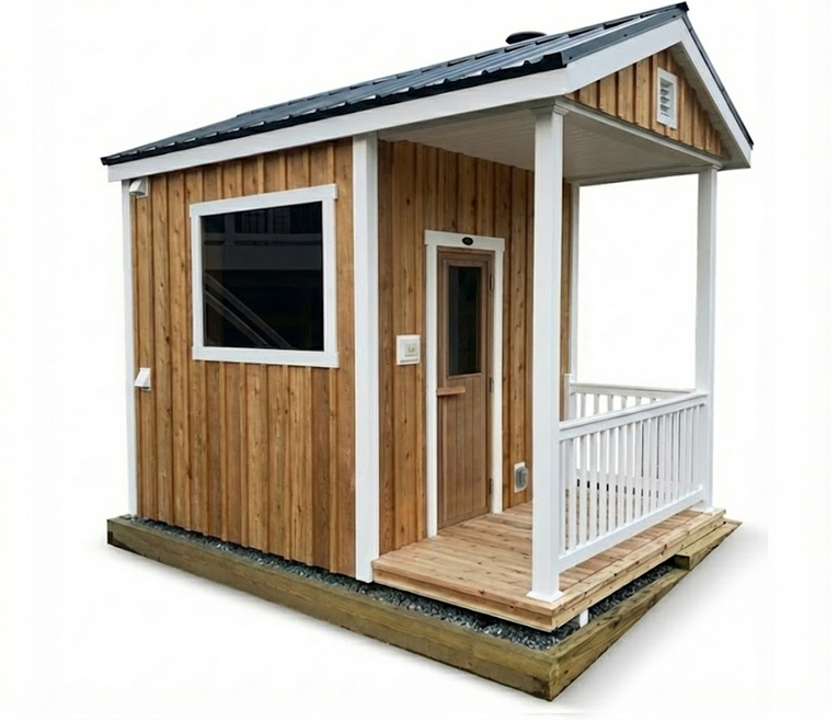 Cedar outdoor custom sauna with a white porch on a white background