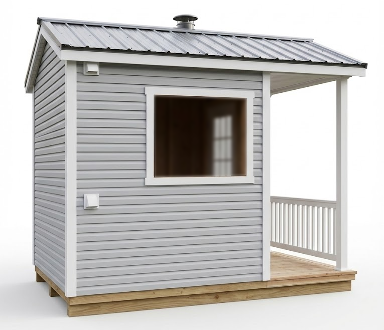 Outdoor custom sauna with a black metal roof and white trim on a white background