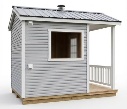 Outdoor custom sauna with a black metal roof and white trim on a white background